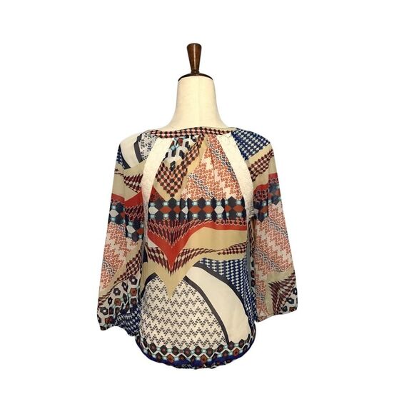 Beige Women's Tie Front Top Elastic Sleeves Lace Detail SM - Picture 5 of 10